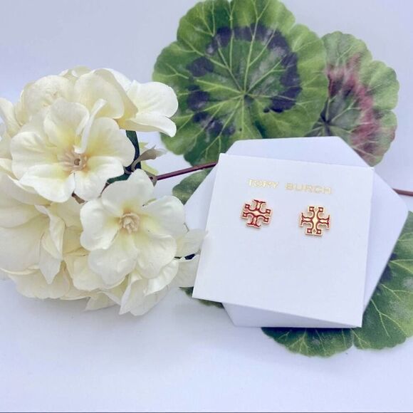 New Tory Burch Gold Logo Kira Red Outline Stud Earrings - Picture 1 of 7